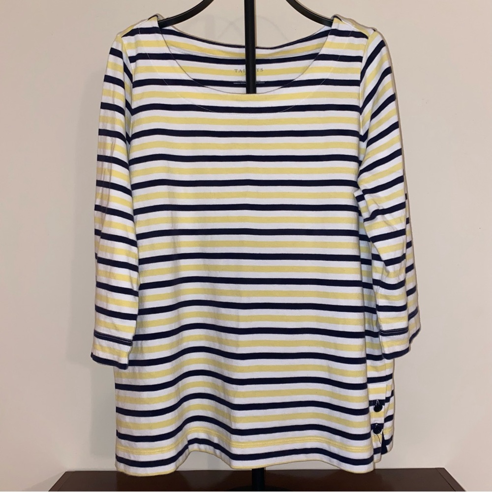 Talbots Woman Plus Size 1X 3/4 Sleeve Yellow White Black Striped Top Nautical